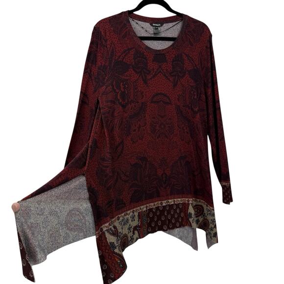 Desigual Tunic Top XXL Burgundy Floral Long Sleeve Asymmetrical Hem Boho Artsy - Picture 2 of 9